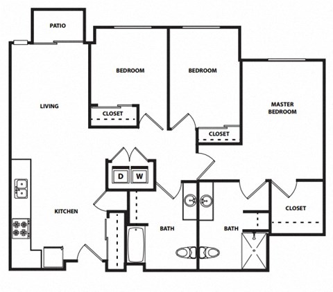 Floor plan for 3 beds, 2 baths, 1153 sqft
